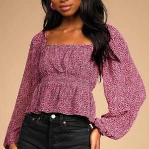 LUSH Boho Floral Square Cut Blouse | Cut Out Tie Back Pink and Black Floral Top